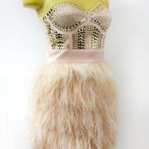 BEBE Pink feather , bodice studded cocktail dress ! Used once , Large